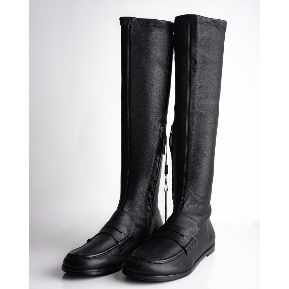 Massimo Dutti Women Knee High Leather Loafer Boots Black US 9 EU 40 New 1018/450